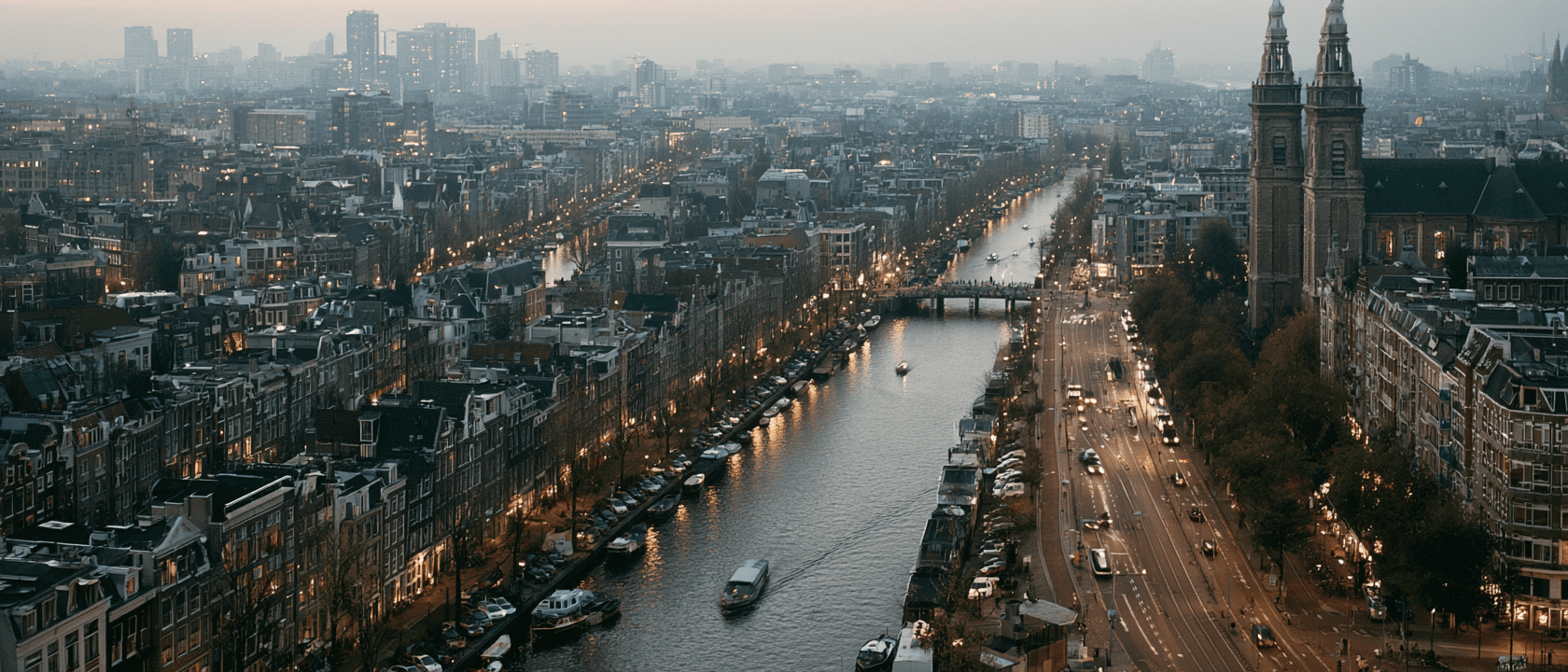 Aerial view of Amsterdam canals at golden hour